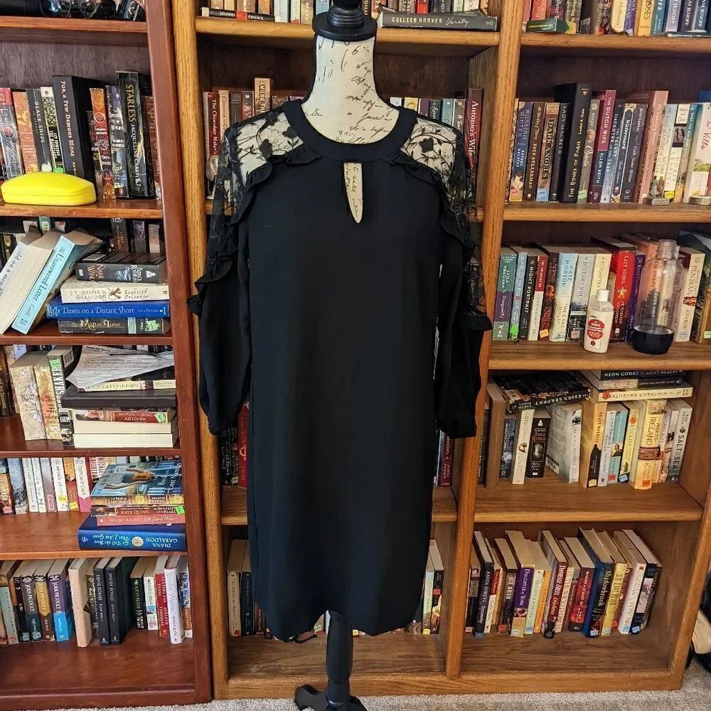 CECE black sheer long lace sleeve cold shoulder keyhole neck midi dress sz s nwt